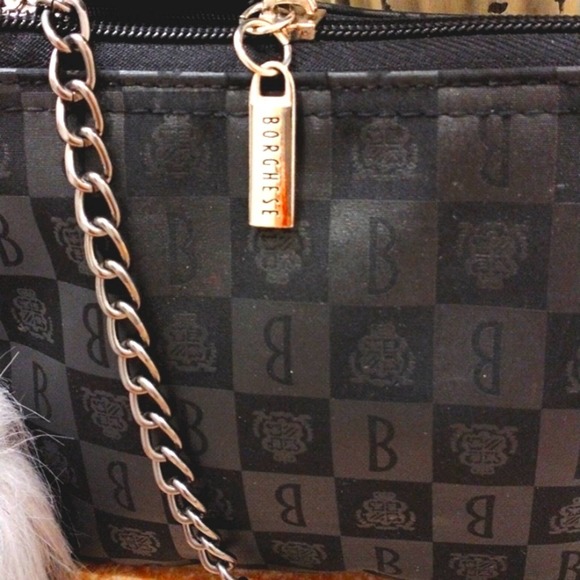 BORGHESE ROMA Crossbody Satin GEO w Shoulder Strap Chain & Faux Fur Pom Charm - Picture 4 of 14